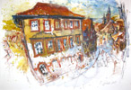 Die Johannisturmstrae in Amorbach, Aquarell, Zeichenstifte