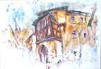 Vor dem ltesten Haus Aschaffenburgs, Aquarell, Zeichenstifte