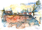 Altstadt-Dcher in Aschaffenburg, Aquarell, Zeichenstifte