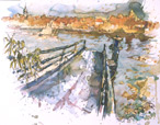 Anlegestelle bei Marktheidenfeld, Aquarell, Zeichenstifte