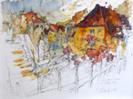 Treppe zur Abtei in Amorbach, Aquarell, Zeichenstifte