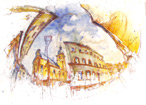 Rundblick in Marktheidenfeld, Aquarell, Zeichenstifte