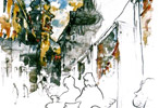 Vor dem Cafe Schwarzer-Riese in Aschaffenburg, Aquarell, Zeichenstifte