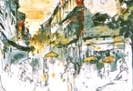 Vor der Buchhandlung Diekmann in Aschaffenburg,, Aquarell, Zeichenstifte