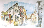In Groostheim, Aquarell, Zeichenstifte