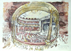 Im Stadttheater von Aschaffenburg, Aquarell, Zeichenstifte