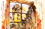 Innenhof-Fenster des Schlosses Johannisburg in Aschaffenburg, Aquarall, Zeichenstifte